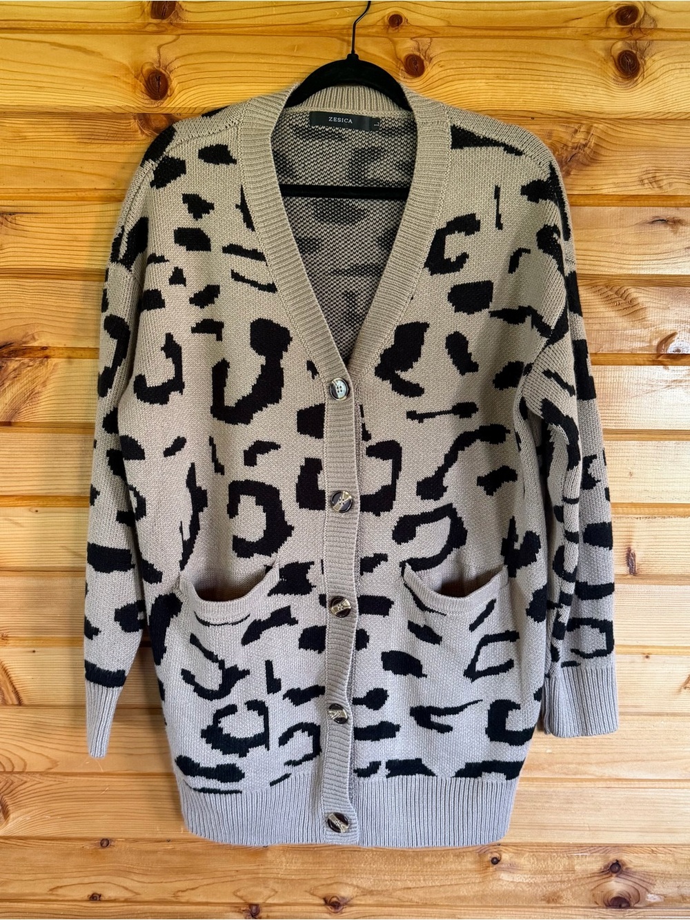 Zesica Tan and Black Leopard-Print Button Cardigan